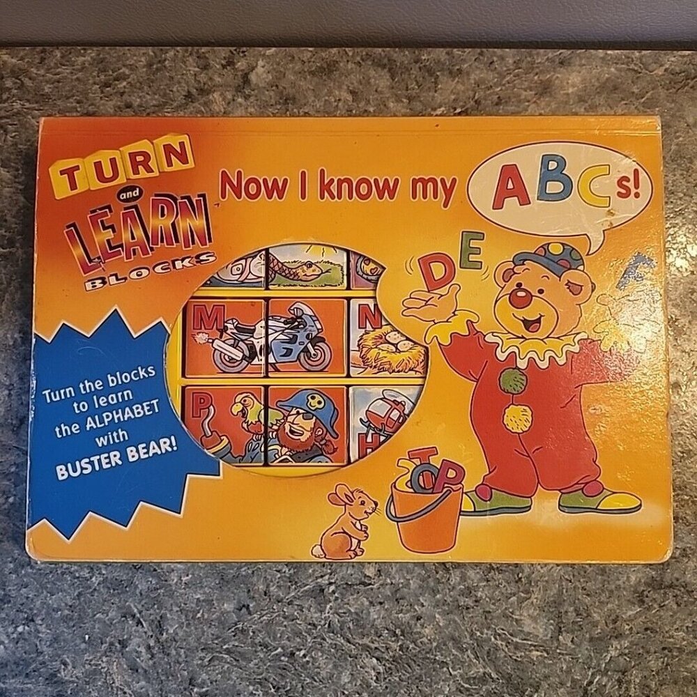 I Know My ABCs Turn & Learn Wood Blocks w Buster Bear 1990s Tormont Publications